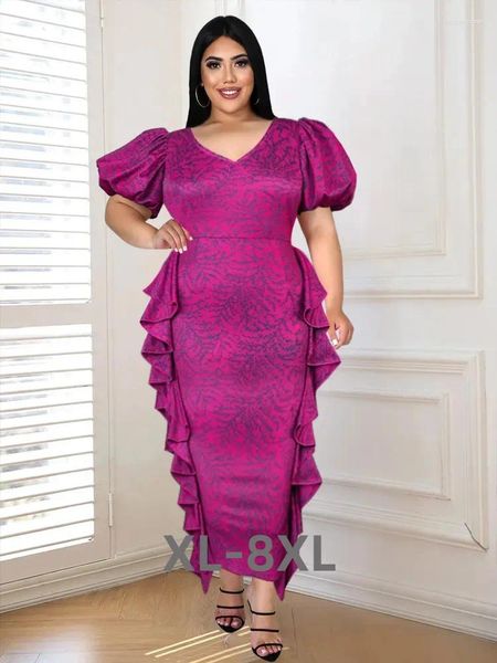 Robes de grande taille à fleurs longues courbes femmes col en V manches courtes bouffantes taille haute volants Cocktail événement Occasion 3xl 4xl 5xl 6xl