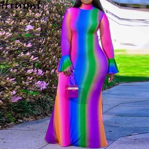Robes grande taille pour femmes mode manches évasées robe longue décontracté parole longueur rayures colorées col roulé Kleider Damen 210513