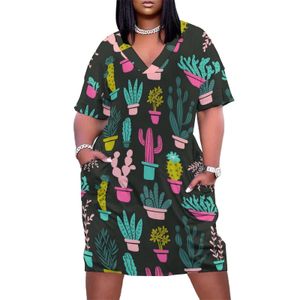 Plus size jurken grappige cactus v nek cacti planten print esthetische vakantie schattige casual vrouw aangepaste maat kleding 230512