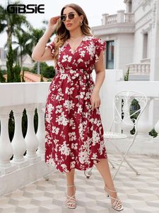 Plus Size Jurken GIBSIE Bloemenprint Vlinder Mouw Jurk Met Riem Dames Boho Zomer V-hals Hoge Taille A-lijn Vakantie Lang