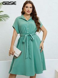 Plus Size Jurken Gibsie Solid Half Button Belted Shirt Jurk Vrouwen Mode Zomer Korte Mouw Dames Casual Midi A-lijn 2024