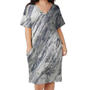 Robes grande taille Gradient Marble Casual Dress White and Grey Natural Marbles Waterfall Cute Summer V Neck Street Style SizePlus
