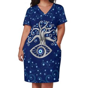 Vestidos de tallas grandes Griego Evil Eye Art Vestido casual Mujeres Amuleto Árbol Estampado Lindo Verano Cuello en V Estilo de calle 5XLPlus