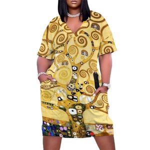 Plus size jurken Gustav Klimt Casual Dres Tree of Life Print Cute Summer V Neck Street Fashion Graphic Dress Grootte 3xl 4xl 230512