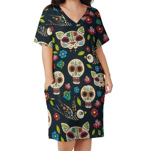 Vestidos de talla grande Día de Halloween Vestido de muertos Cuello en V Tradicional mexicano Celebra Calaveras Estética Verano Sexy Casual SizePlus