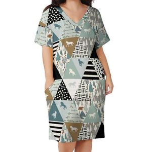 Plus size jurken paarden driehoek patchwork jurk v nek paarden minnaar trendy sexy dames esthetisch grafisch casual 4xl 5xlplus