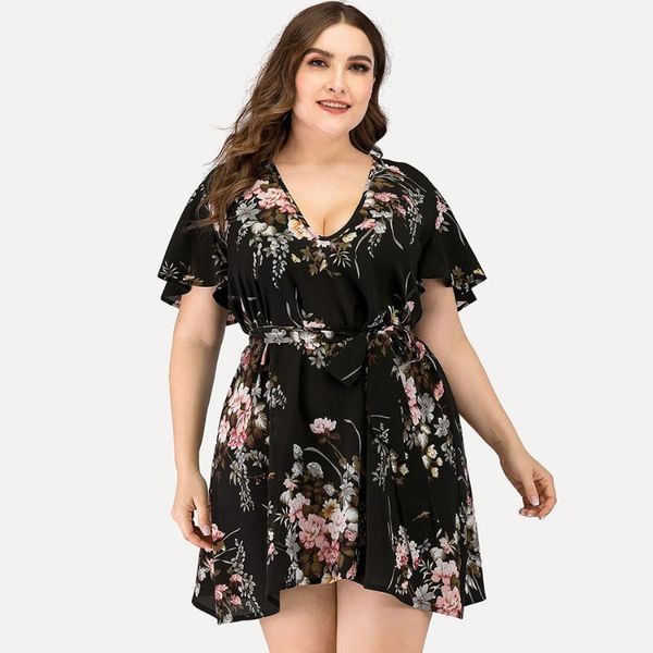 Vestidos Plus Size HY86225 Bohemian Floral Manga Curta 3xl 4xl Vestido Grande Mulher Elegante Roupas de Verão Para MulheresMais