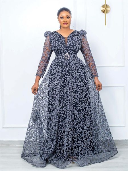 iDress Plus Size Femme Vêtements Dentelle Voir à Travers Tulle Manches Longues Ajustement et Flare Maxi Robe de Princesse pour Fête Anniversaire Mariage 230620