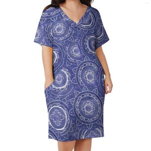 Plus size jurken indigo bloemcirkels jurk korte mouw retro geometrische print esthetische elegante casual grafische kleding