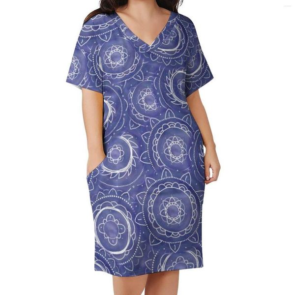 Vestidos de talla grande Vestido de círculos de flores índigo Manga corta Retro Estampado geométrico Estética Elegante Ropa gráfica informal