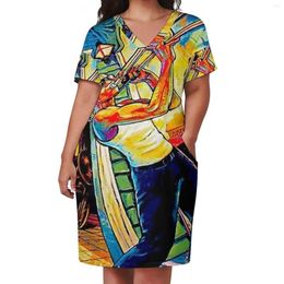 Plus size jurken jazz festivals kunst jurk v nek orleans muziek kawaii street slijtage casual met zakken 3xl 4xl