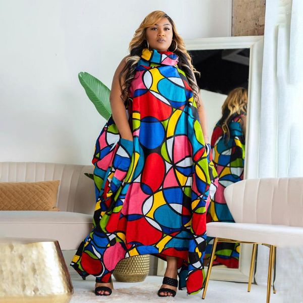 Robes grande taille KEXU élégant été imprimé Maxi robe femmes sans manches col roulé lâche décontracté Sexy fête Club longue