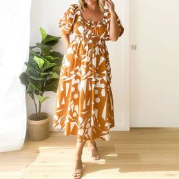 Plus size jurken KUCLUT damesmaat maxi-jurk zomer elegant temperament bladerdeeg mouw vierkante kraag geplooide gesmoorde taille 230905