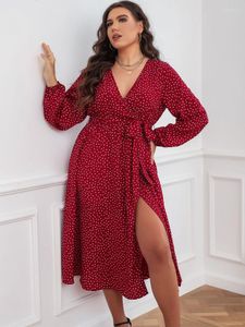 Robes De grande taille à lacets mode imprimé col en V robe à manches longues taille ample fente fête Vestidos De Mujer Elegantes Para Fiesta