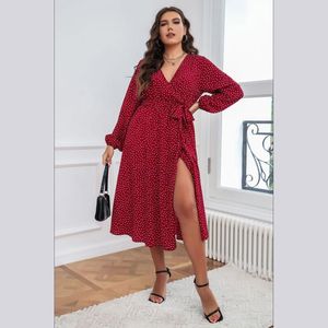 Robes de grande taille dames rouge à pois ourlet fendu Sexy col en V à manches longues bouffantes robe Midi ceinture femmes soirée PartyPlus