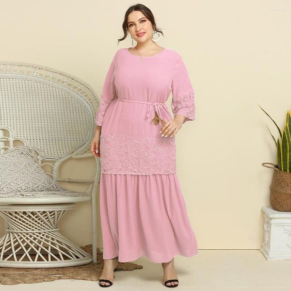 Robes de grande taille grand XL-4XL élégant fête Maxi longue robe femmes 3/4 manches O cou dentelle basique formel bureau dames vêtements