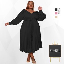 Leosoxs – robe grande taille pour femmes, vêtements doux, couleur unie, drapée plissée, ample avec ceinture, chemise décontractée, DropPlus, 2022, XL-5XL