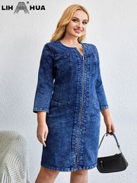 Vestidos de talla grande LIH HUA, vestido vaquero de talla grande para mujer, vestidos elegantes elegantes de otoño para mujeres gorditas, vestido tejido de algodón 230715