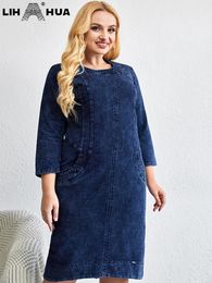 Plus size Jurken LIH HUA Damesmaat Denim Jurk Lente Chic Elegant Voor Mollig Breien Katoen 230920