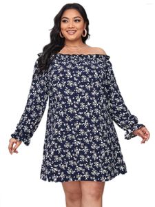 Plus size jurken lange mouw zomer elegante boho print jurk vrouwen los fit off schouder mollig meisje midi grote kleding 6xl