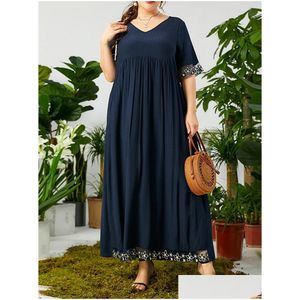 Plus size jurken Loose Summer Woman 2022 V nek korte mouw borduurwerk bloemen patchwork elegant maxi long dressplus drop levering ap dhtrz