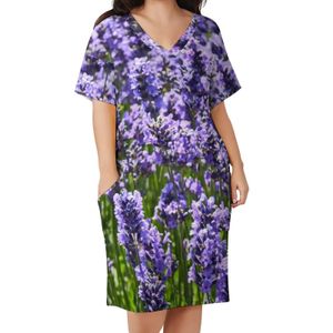 Plus size jurken mooie lavendel korte mouw Engeland natuur paarse bloemen schattige casual dames grafische grootte vestido 230202