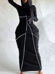 Plus size jurken LW Plus size dames sexy herfst-winterjurk voor dames met capuchon, gestreepte bodycon, elegante zwarte bodycon, sweatjurken met lange mouwen 231023