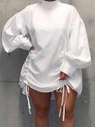 Plus la taille Robes LW Taille Casual Demi Col Roulé Pli Conception Chemise Robe Lanterne Manches Lâche Col Montant Droite Cordon Femmes Vêtements 230503