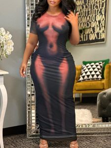 Plus size Jurken LW-maat jurken Lichaamswarmte Print Bodycon Jurk Korte mouw Skinny Ronde hals Slank Potlood Elegant 230711