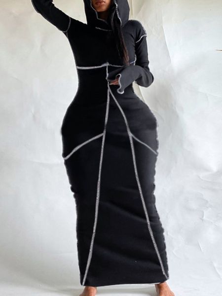 Robes grande taille LW taille col à capuche rayé moulante élégant noir à manches longues pull printemps dame Sexy 230130
