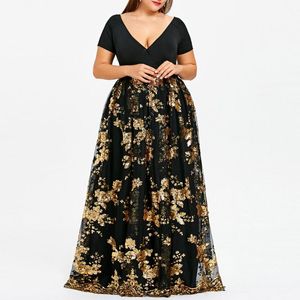 Plus size jurken maxi voor dames Boheems strand zomer zonsondergang v-hals korte mouw bloemen lovertjes avondfeestje mesh jurk