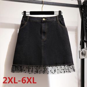 Grande taille robes Mini Denim jupe gros MM femmes 2022 été noir maille dentelle Patchwork jean taille haute a-ligne jupes