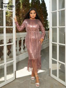 Plus size jurken Missord Elegant Rosegold Sequin Tassels Midi Dress Women O-Neck Long Sleeve Bodycon Wedding Party Prom Gown