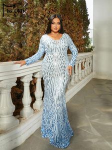 Plus size jurken Missord Geometric Elegant Party for Women 2024 V Neck Long Sleeve Pargin Mermaid Evening Jurk