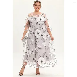 Robes de taille plus mère de la mariée Gris Floral Print Mesh superposé une ligne de tunique maxi robe