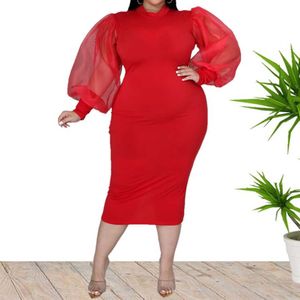 Plus size jurken Nieuwe ronde nek slanke puff mouw vrouwen midi jurk mode mesh patchwork solide kleur elegante avond groothandel 230307