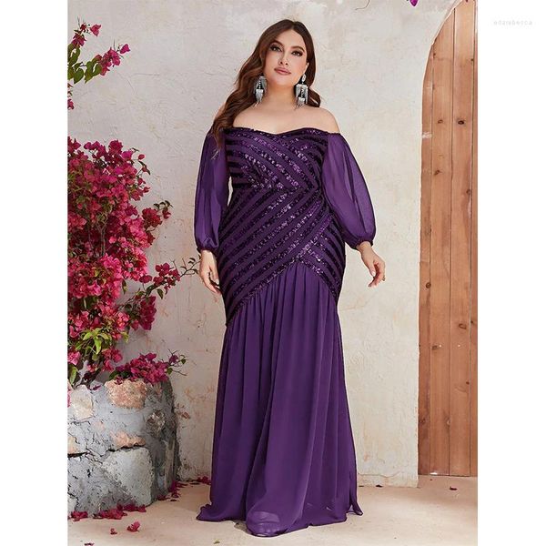 Robe de soirée en mousseline de soie, grande taille, épaules dénudées, ample, 4XL5XL, grandes rayures, paillettes, fête de luxe, mode Maxi pour femmes, 2023