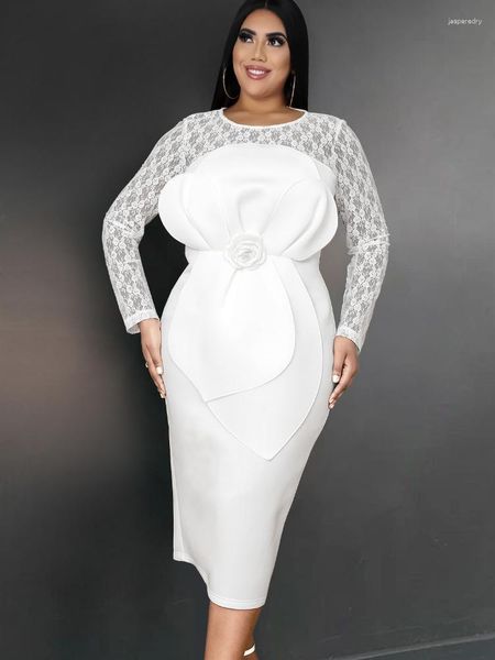 Vestidos de talla grande ONTINVA blanco para mujer encaje Patchwork manga larga flor apliques lápiz celebración fiesta 4XL Bodycon trajes