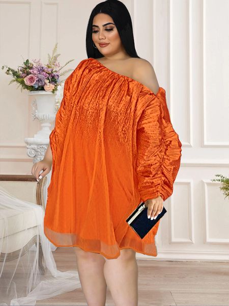 Vestidos de talla grande Naranja Suelto Mujer Fuera del hombro Jersey Ver a través de la manga Vestidos de gran tamaño para damas Trajes de fiesta informales con forro 230803