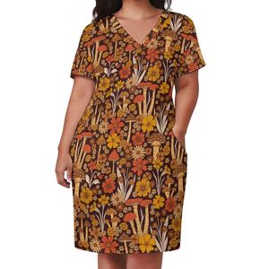 Plus size jurken oranje paddestoelen casual dres retro 1970s bloemen print vintage vakantie v nek straatkleding jurk maat 230510