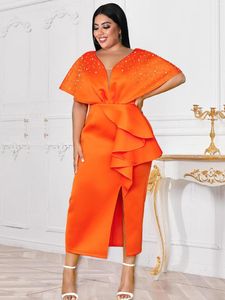 Plus size jurken oranje feest voor dames v nek kralen cape mouw imperium midi long prom cocktail evenement outfits 3xl 4xl jurk