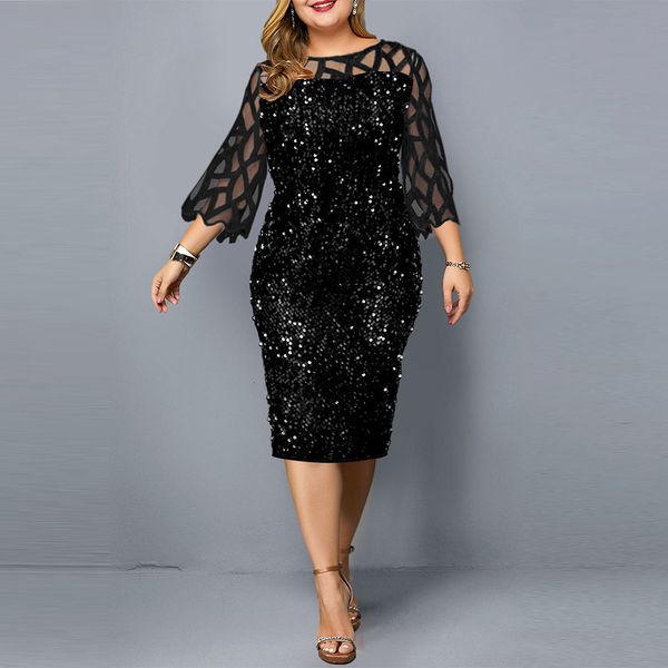 Robes grande taille robe de soirée grande taille dames paillettes maille à manches longues robes de soirée en dentelle pour femmes XL-5XL surdimensionné 230506