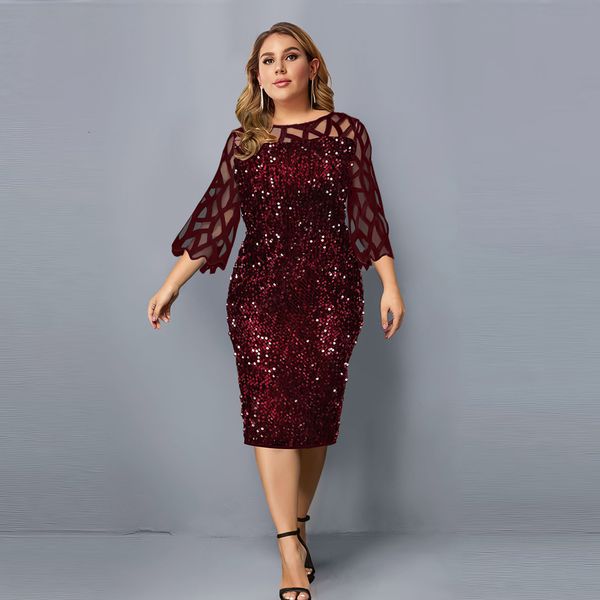 Robes grande taille robe de soirée grande taille dames midi paillettes maille à manches longues dentelle élégante moulante XL-4XL 5XL robes de soirée femme été 230719