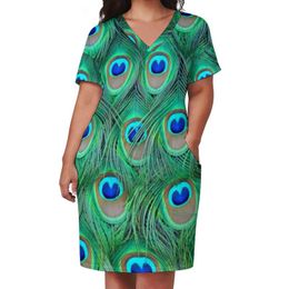 Robes grande taille robe Plumage de paon plumes d'animaux imprimer Streetwear décontracté femmes été col en V mignon cadeau d'anniversairePlus