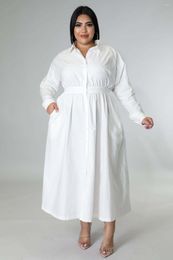 Robes grande taille Perl élégant solide chemise a-ligne Maxi robe pour les femmes col rabattu recueillir taille longue rue vêtements de vacances