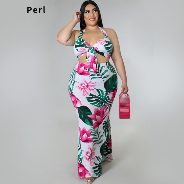 Robes de grande taille Perl fleur imprimée licou robe Maxi bandage jupe incurvée taille tenue d'été casual vêtements pour femmes vêtements de rue 4XL 230410