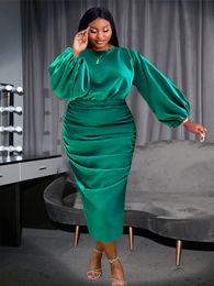 Plus size jurken geplooide groen satijn lange lantaarn mouw hoge taille zachte midi avond verjaardag club feest maat outfits voor vrouwen 4xl 230130