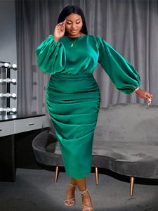 Robes de grande taille plissées en satin vert à manches longues lanterne taille haute doux midi soirée anniversaire club taille tenues pour femmes 4XL 230130