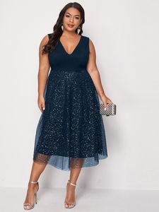 Robes grande taille grande taille 4XL robe pour femmes bleu élégant Midi Curvy en mousseline de soie vêtements été automne dames Cocktail robes de soirée 230720