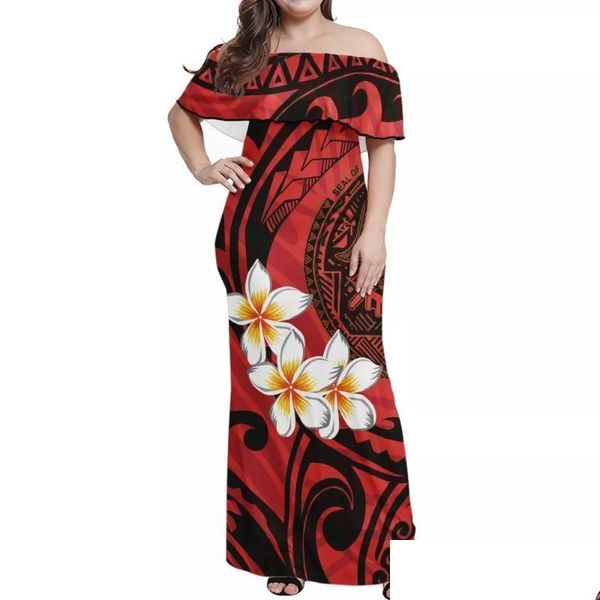 Plus Size Dresses Plus Size Dresses Hycool S-7Xl Samoan Red Dress Tight Off Shoder Tribal Print Women Party Hawaii Bodycon Maxi Weddin Dhjkh